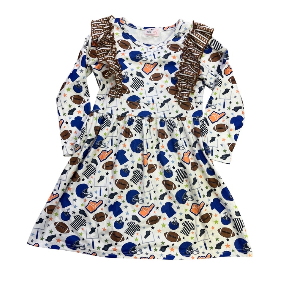 Pete + Lucy Girls Football Print‎ Long Sleeve Ruffle Dress White Blue Size 6/6X
